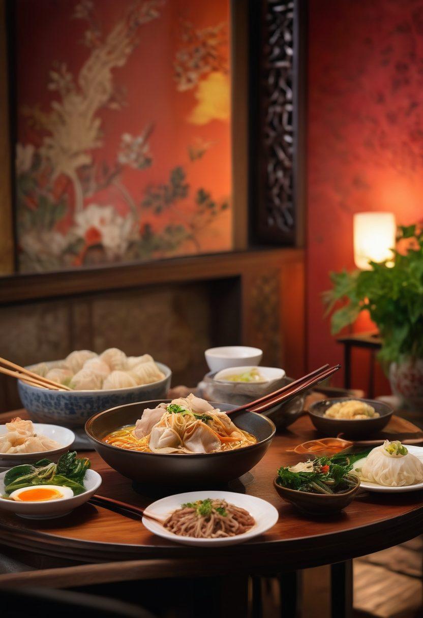 A cozy Asian restaurant setting, featuring a beautifully arranged table with a variety of colorful comfort food dishes like ramen, dumplings, and stir-fried vegetables. Soft ambient lighting casting a warm glow, with chopsticks, tea cups, and a vibrant wall adorned with Asian art. Include a smiling chef in the background, showcasing a welcoming atmosphere. super-realistic. vibrant colors. warm tones.