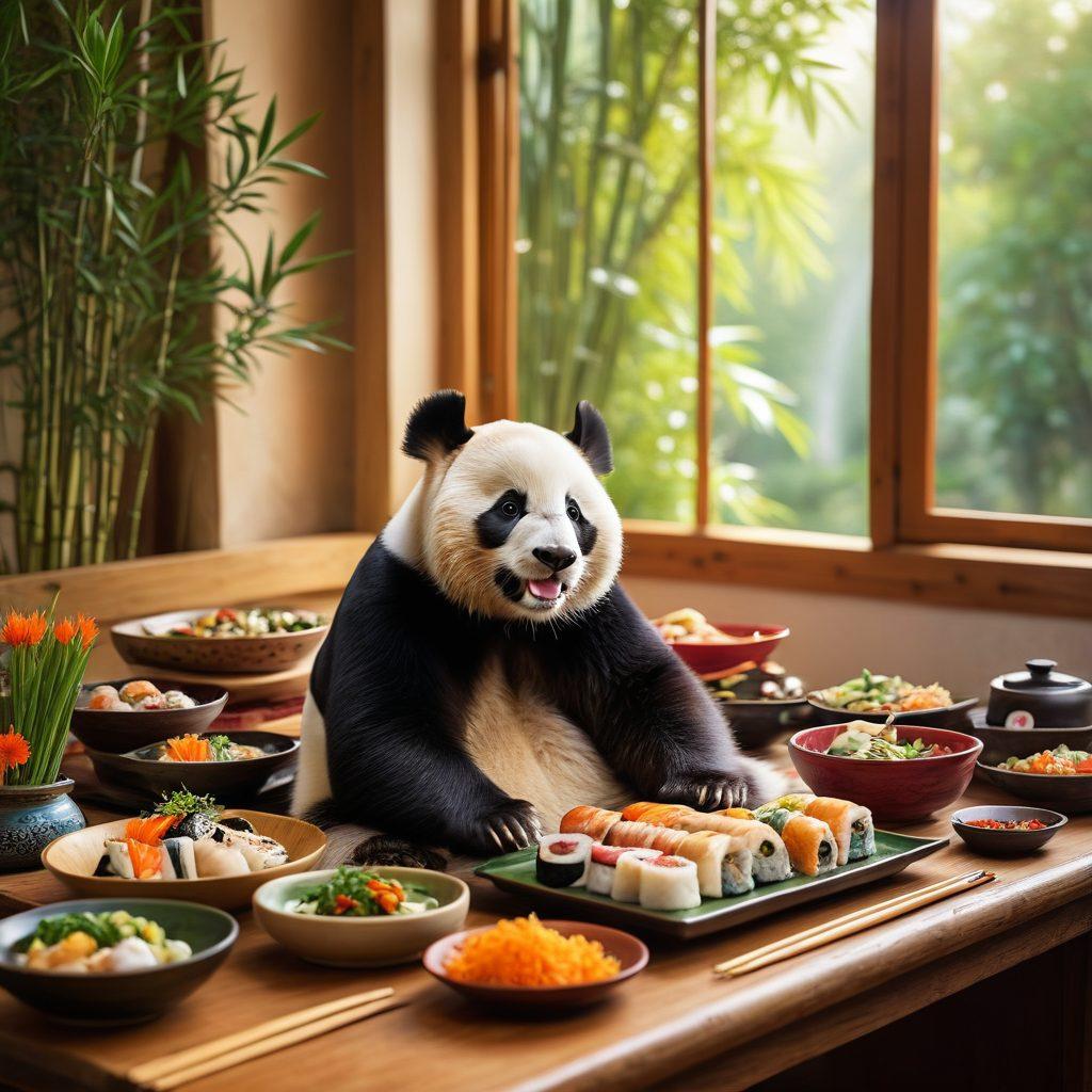 A cheerful panda happily sitting at a beautifully set table filled with an array of colorful Asian dishes, including sushi, dumplings, and stir-fried vegetables. The background should feature lush bamboo trees and a soft, warm sunlight filtering through them, creating a cozy atmosphere. The panda is playfully reaching for a sushi roll with its chopsticks, embodying the joy of food and culture. Whimsical style with bright and vibrant colors.
